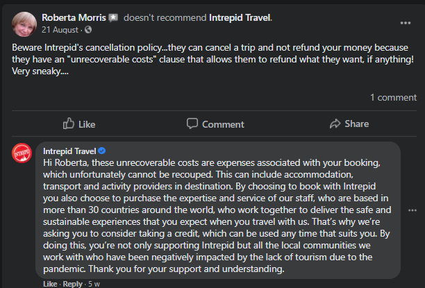 Facebook review response travel agency example