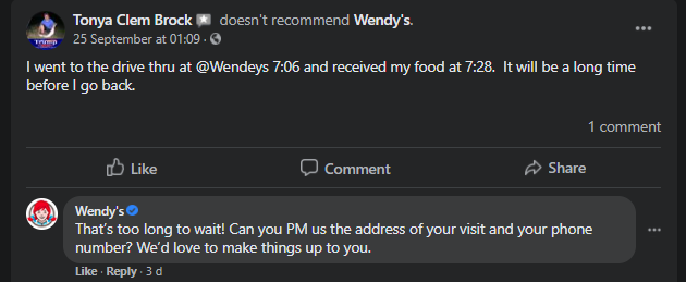 Facebook review response restaurant example