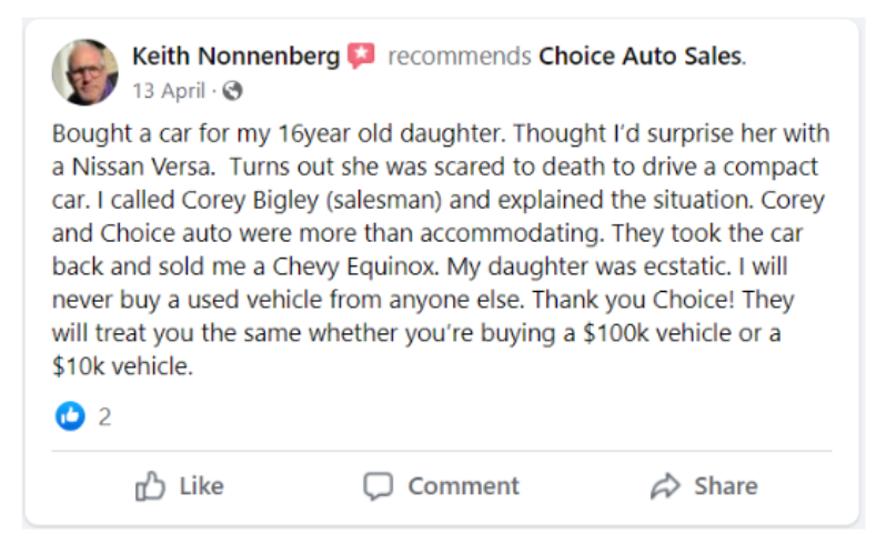 Facebook reviews for automotive