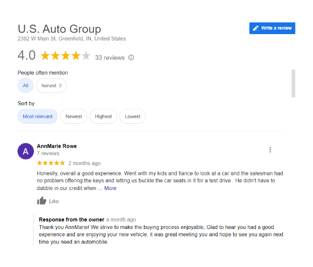 Google reviews for automotive