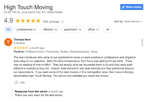 High Touch Moving review example