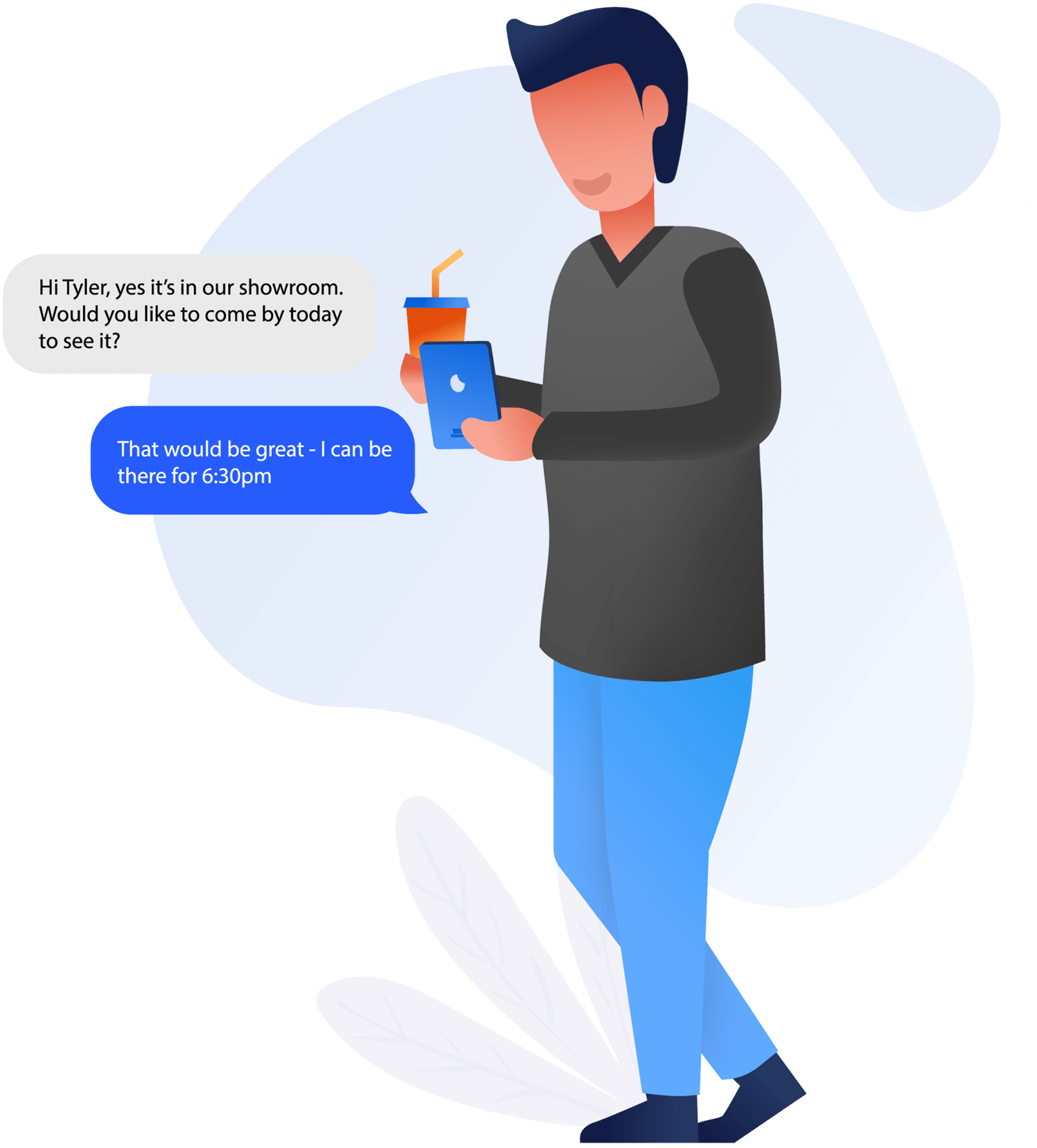 graphic of happy customer texting